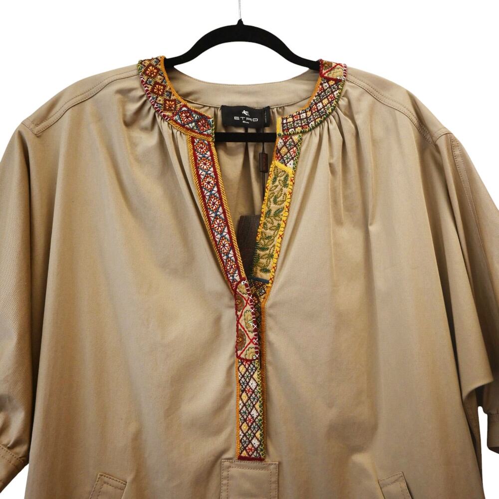 Etro Milano Embroidered Neck Tan Cotton Blend Tunic Dress Size 42 Approx US 6 - Picture 3 of 13
